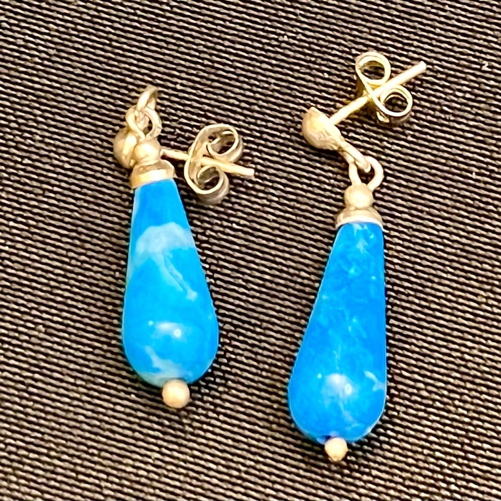 Vintage Sterling Silver Larimar Teardrop Dangle Earrings Boho Blue Drop 925